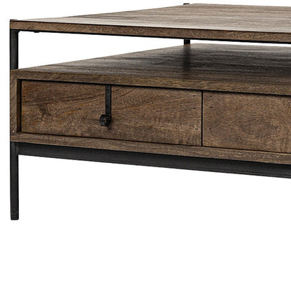 56" Brown and Black Solid Wood and Metal Coffee Table With Three Drawers HomeRoots
