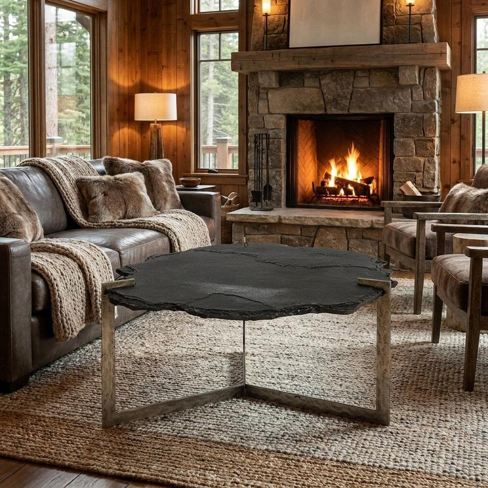 40" Black and Gold Stone and Iron Free Form Distressed Coffee Table HomeRoots