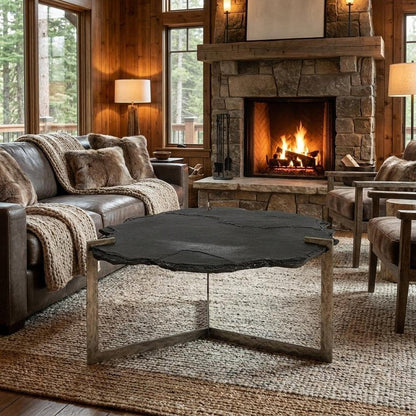 40" Black and Gold Stone and Iron Free Form Distressed Coffee Table HomeRoots