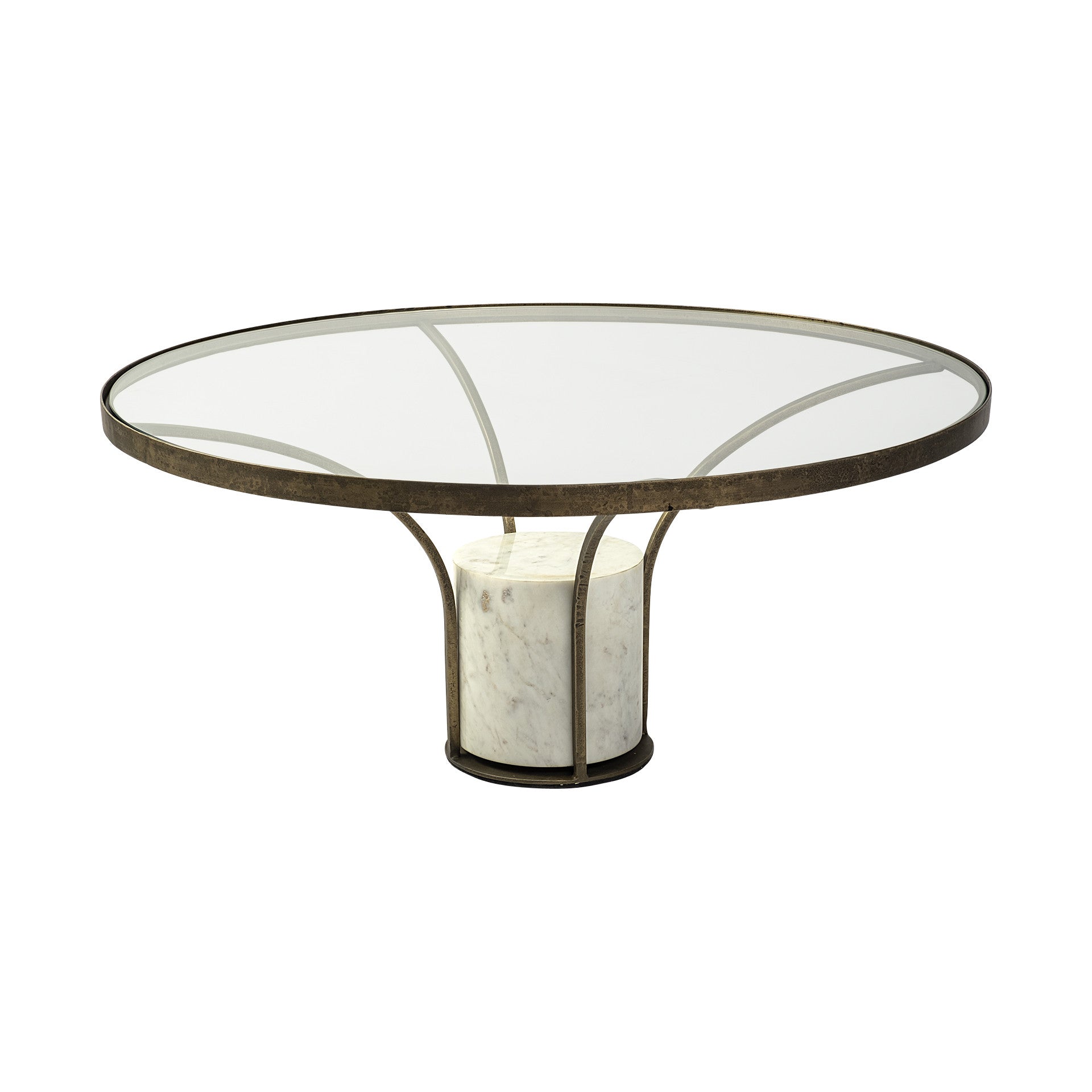 36" Antiqued Gold And White Glass Iron and Marble Round Pedestal Coffee Table HomeRoots
