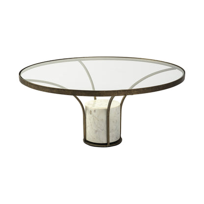 36" Antiqued Gold And White Glass Iron and Marble Round Pedestal Coffee Table HomeRoots