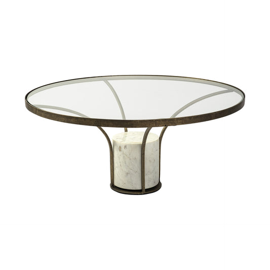 36" Antiqued Gold And White Glass Iron and Marble Round Pedestal Coffee Table HomeRoots