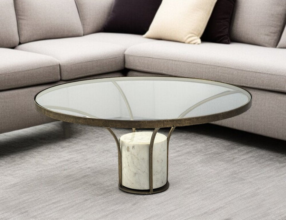 36" Antiqued Gold And White Glass Iron and Marble Round Pedestal Coffee Table HomeRoots