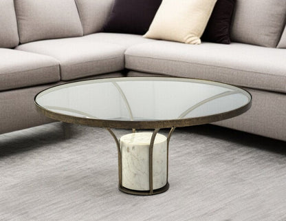 36" Antiqued Gold And White Glass Iron and Marble Round Pedestal Coffee Table HomeRoots