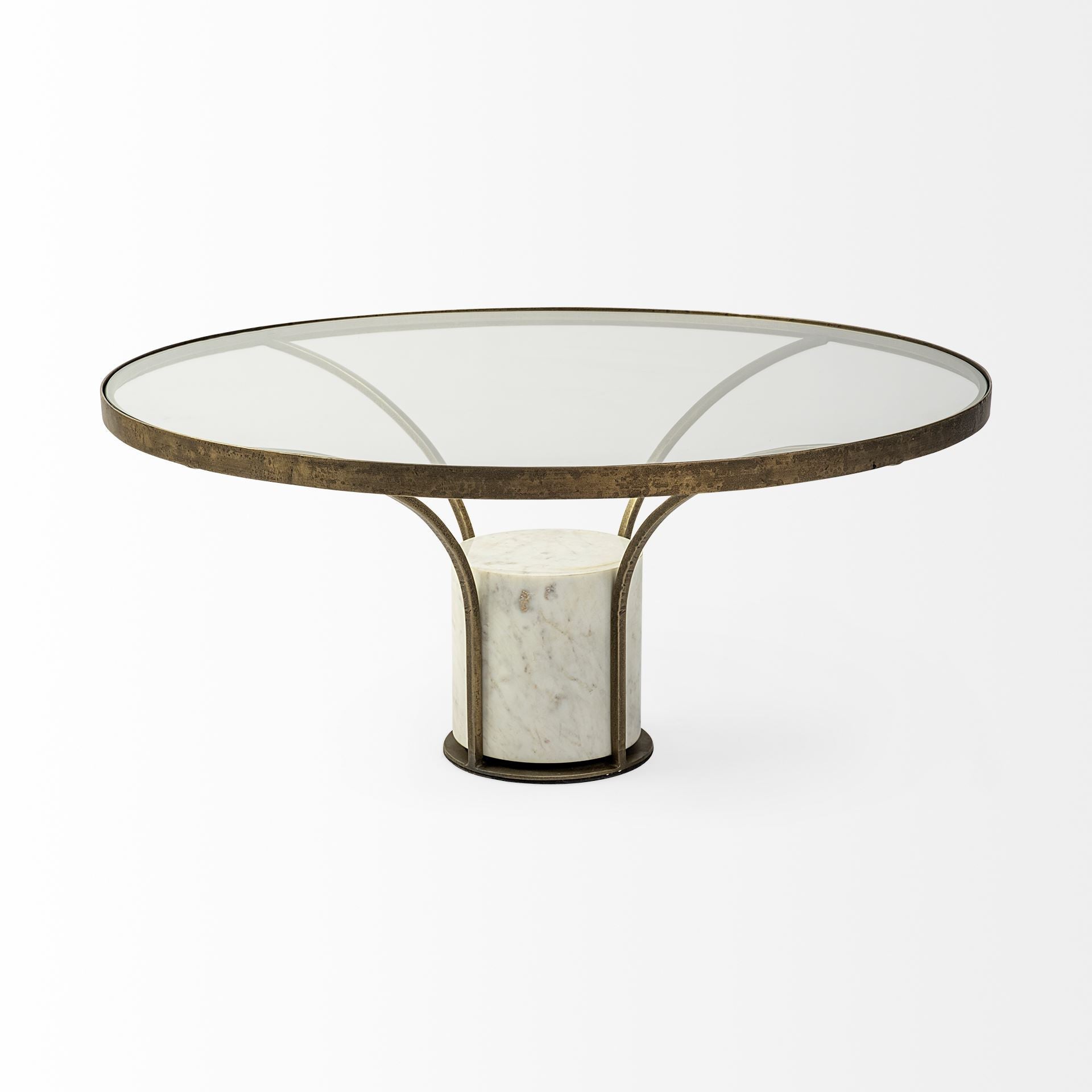 36" Antiqued Gold And White Glass Iron and Marble Round Pedestal Coffee Table HomeRoots