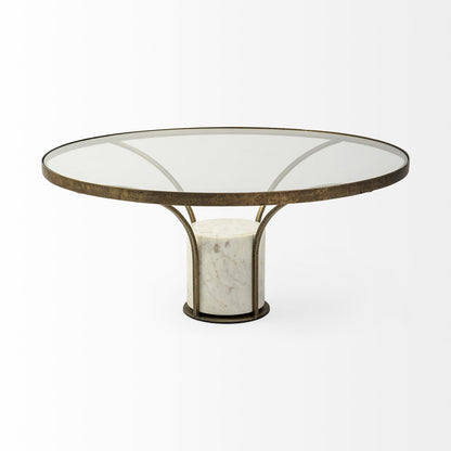 36" Antiqued Gold And White Glass Iron and Marble Round Pedestal Coffee Table HomeRoots