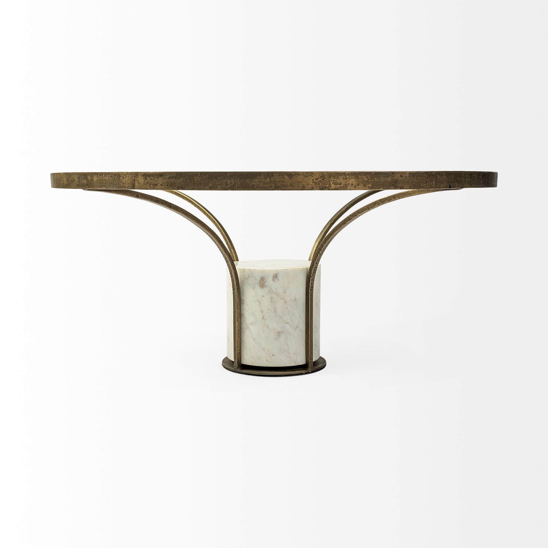 36" Antiqued Gold And White Glass Iron and Marble Round Pedestal Coffee Table HomeRoots