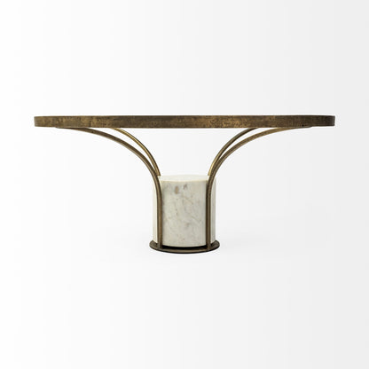 36" Antiqued Gold And White Glass Iron and Marble Round Pedestal Coffee Table HomeRoots