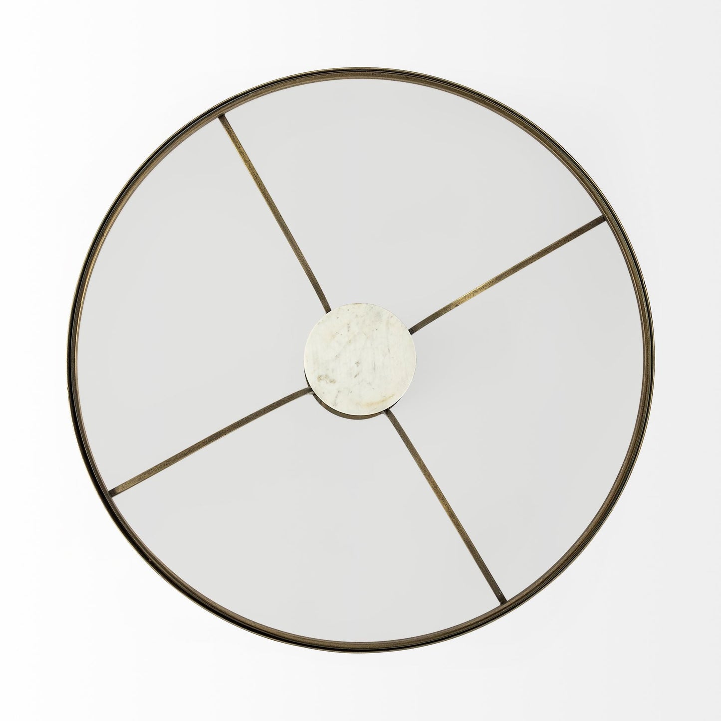 36" Antiqued Gold And White Glass Iron and Marble Round Pedestal Coffee Table HomeRoots