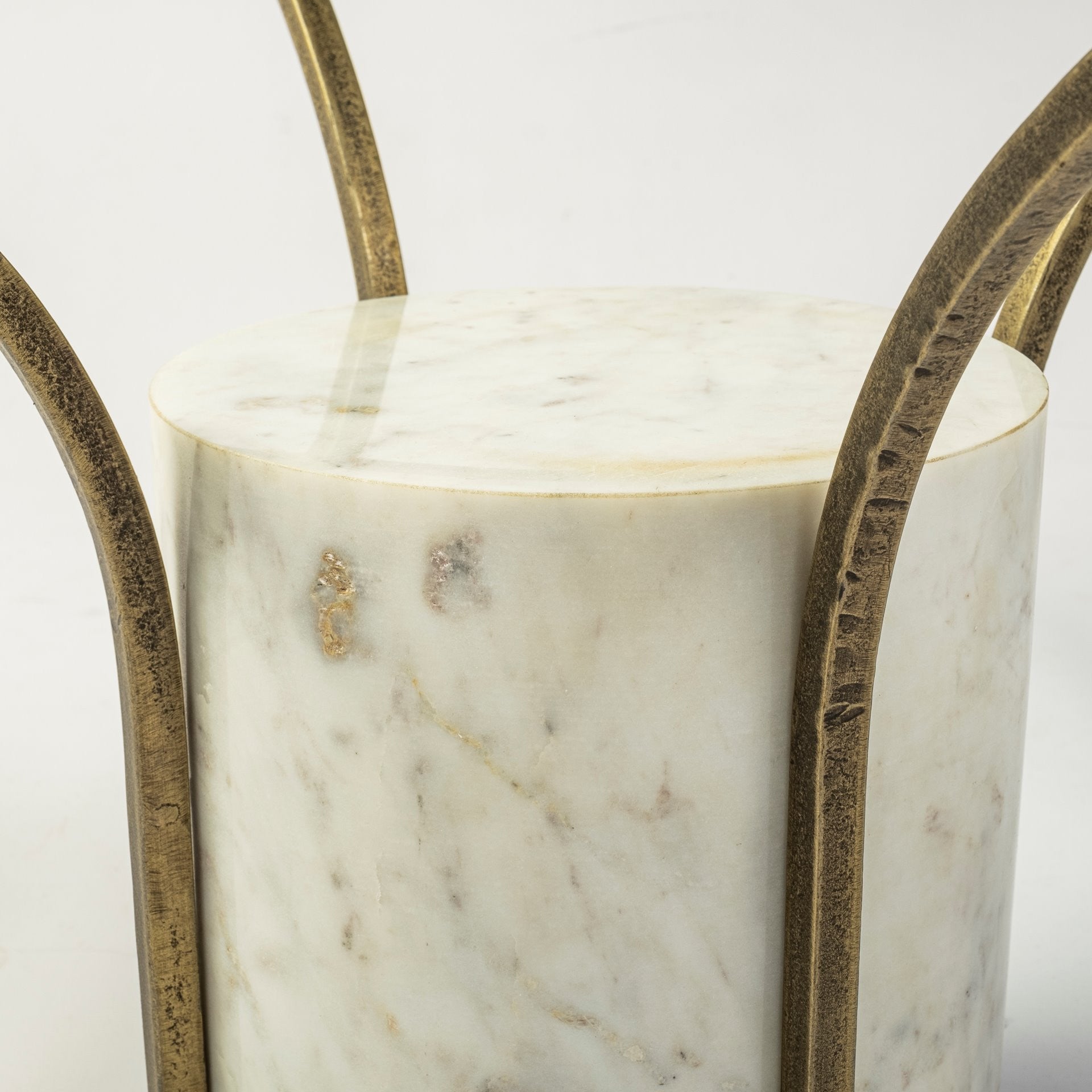 36" Antiqued Gold And White Glass Iron and Marble Round Pedestal Coffee Table HomeRoots