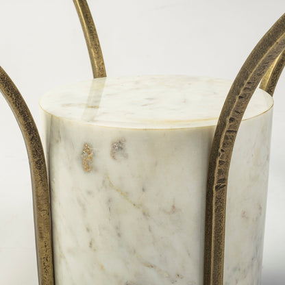 36" Antiqued Gold And White Glass Iron and Marble Round Pedestal Coffee Table HomeRoots