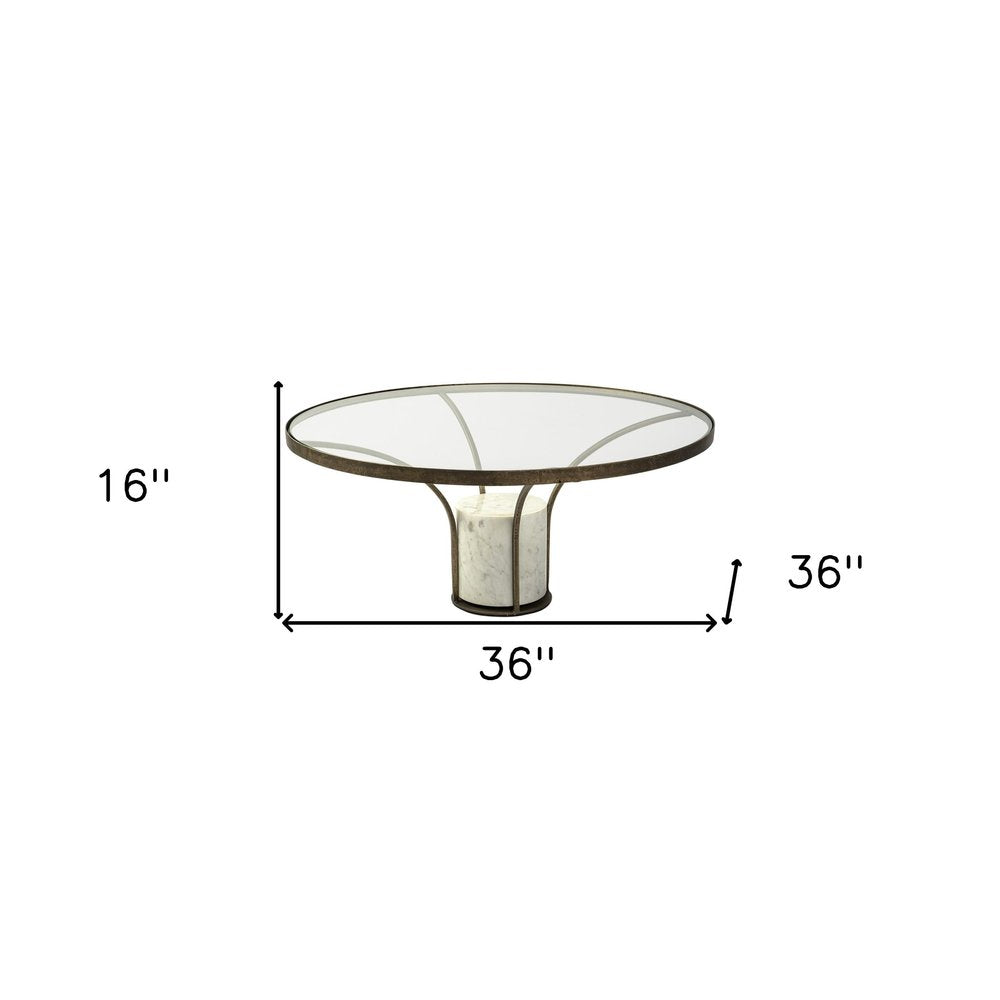 36" Antiqued Gold And White Glass Iron and Marble Round Pedestal Coffee Table HomeRoots
