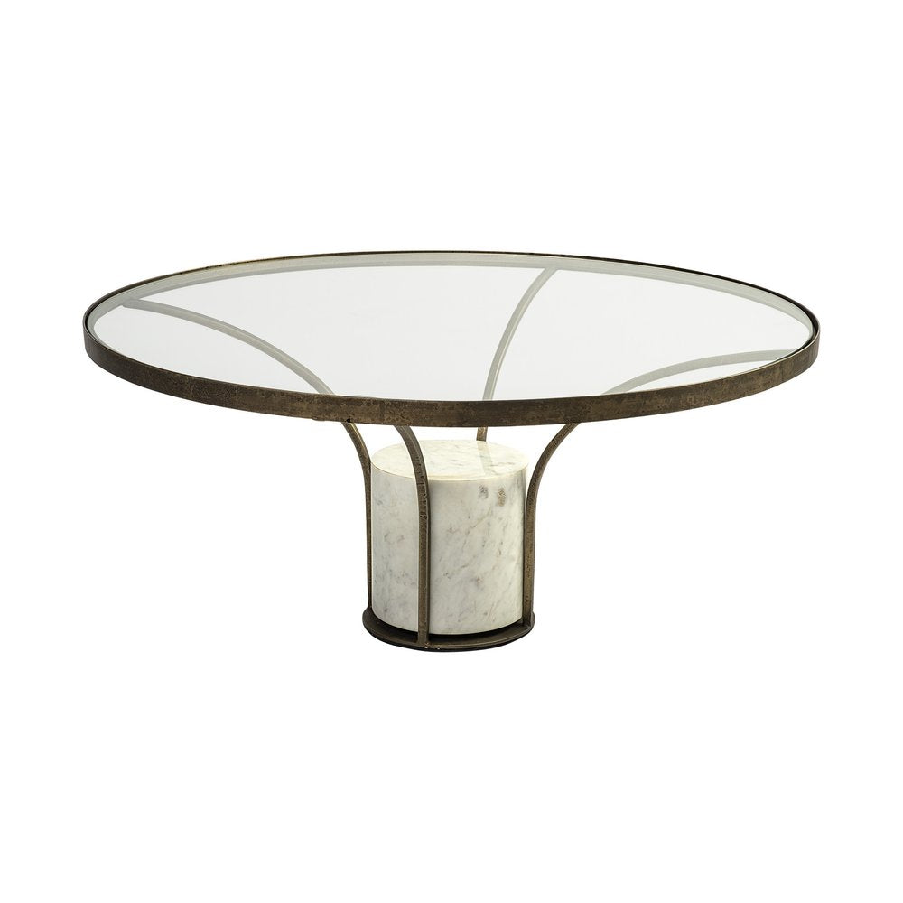 36" Antiqued Gold And White Glass Iron and Marble Round Pedestal Coffee Table HomeRoots