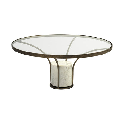 36" Antiqued Gold And White Glass Iron and Marble Round Pedestal Coffee Table HomeRoots