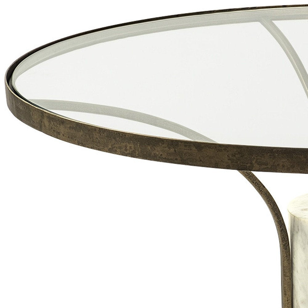 36" Antiqued Gold And White Glass Iron and Marble Round Pedestal Coffee Table HomeRoots