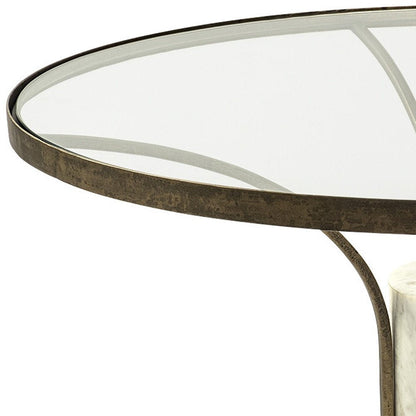 36" Antiqued Gold And White Glass Iron and Marble Round Pedestal Coffee Table HomeRoots