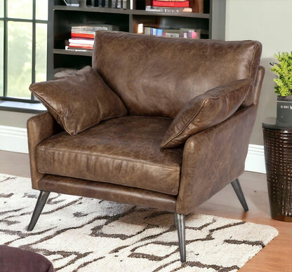 33" Brown And Silver Faux Leather Distressed Arm Chair - FurniFindUSA