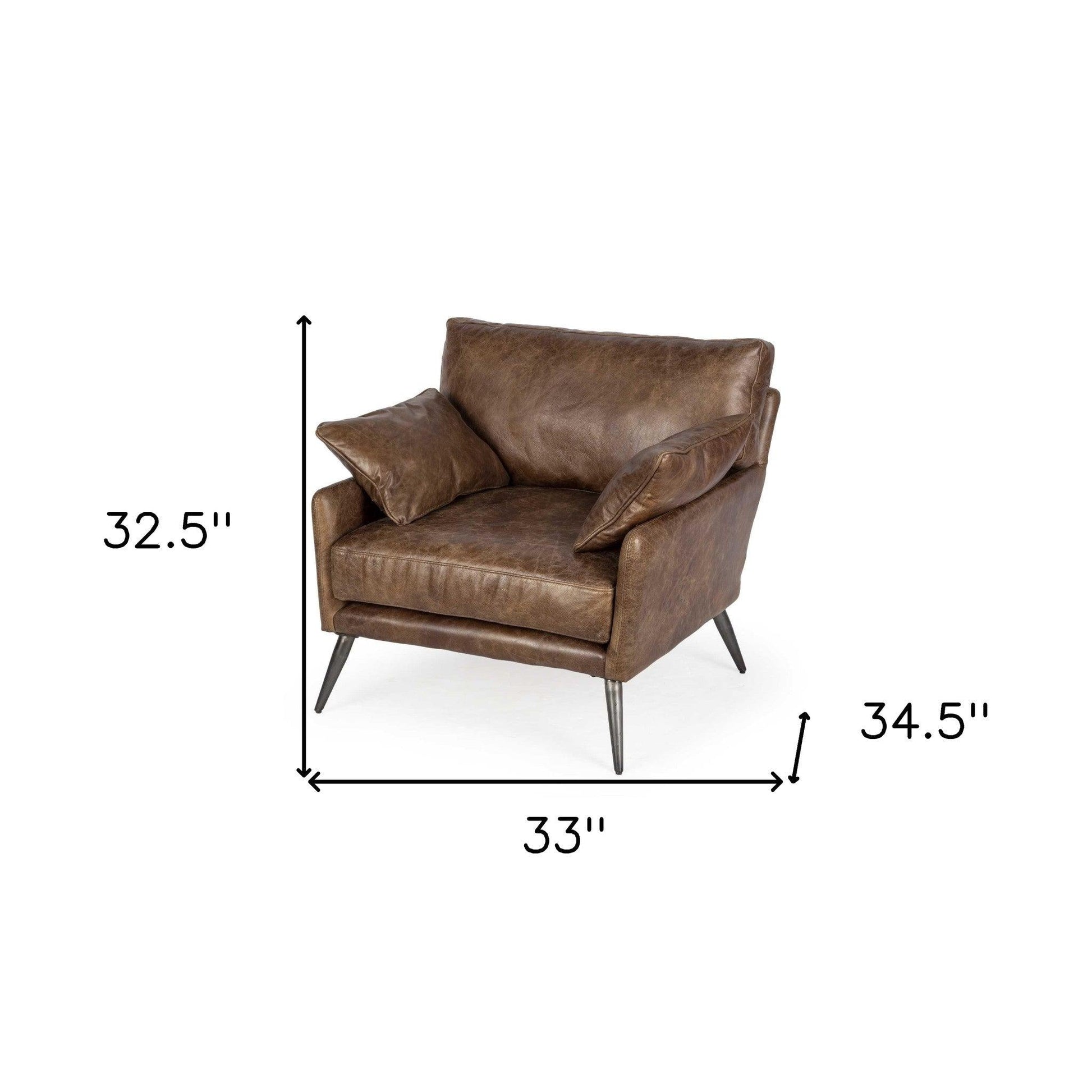 33" Brown And Silver Faux Leather Distressed Arm Chair - FurniFindUSA