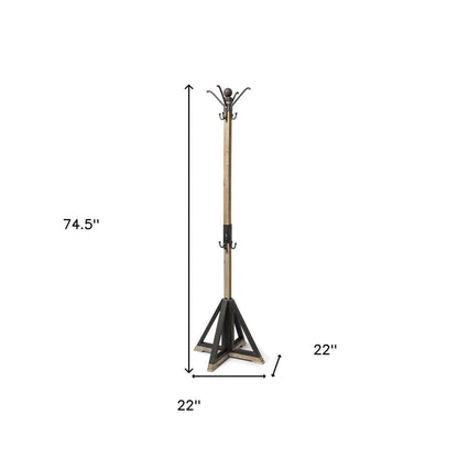 75" Black And Brown Solid Wood And Steel Twelve Hook Freestanding Coat Rack HomeRoots