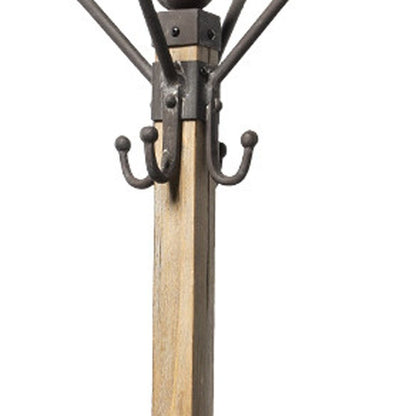 75" Black And Brown Solid Wood And Steel Twelve Hook Freestanding Coat Rack HomeRoots