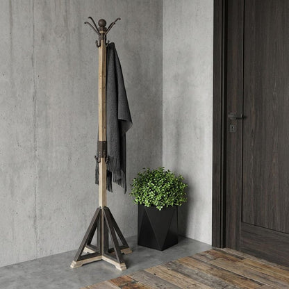 75" Black And Brown Solid Wood And Steel Twelve Hook Freestanding Coat Rack HomeRoots