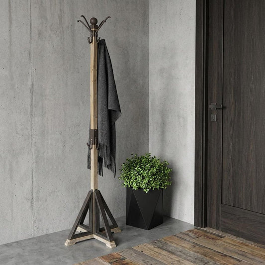 75" Black And Brown Solid Wood And Steel Twelve Hook Freestanding Coat Rack HomeRoots