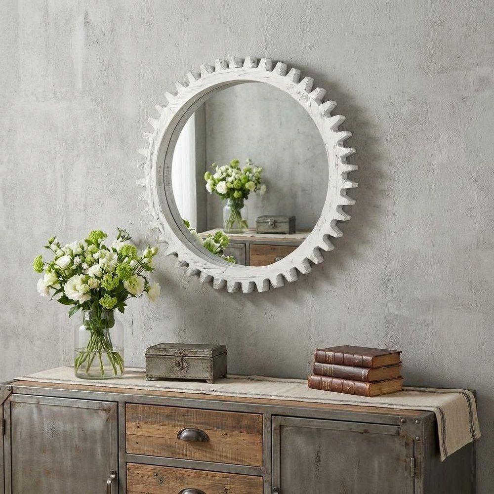 35" White Abstract Wood Framed Accent Mirror HomeRoots