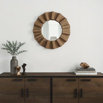 17" Brown Solid Wood Round Geometric Framed Accent Mirror HomeRoots