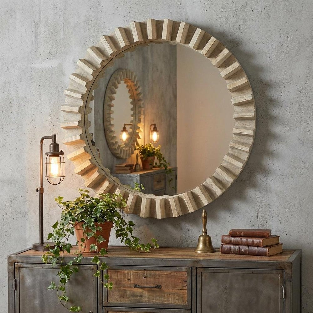 35" Round Natural Brown Wood Frame Wall Mirror HomeRoots