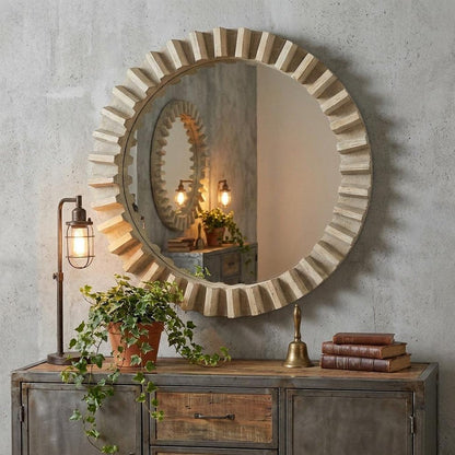 35" Round Natural Brown Wood Frame Wall Mirror HomeRoots