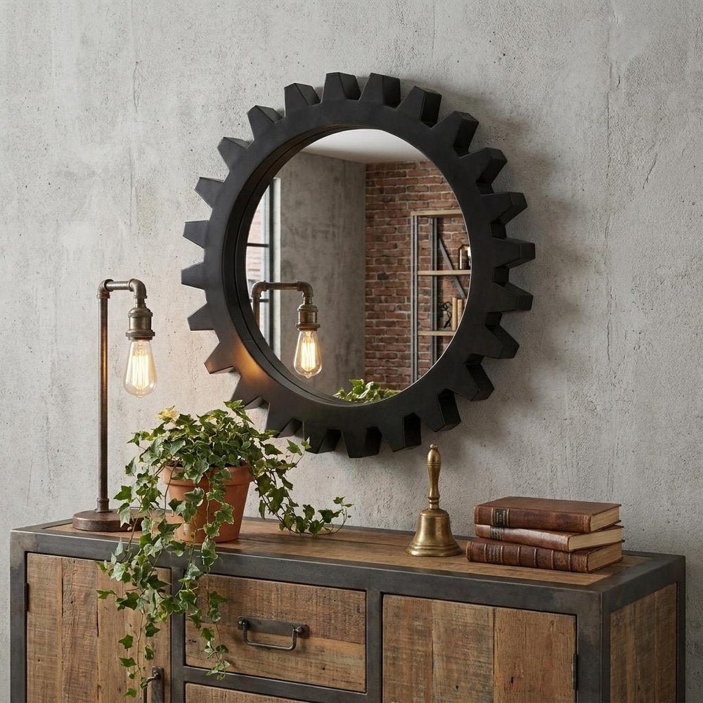 26" Black Cog Round Metal Frame Wall Mirror HomeRoots