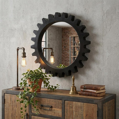 26" Black Cog Round Metal Frame Wall Mirror HomeRoots