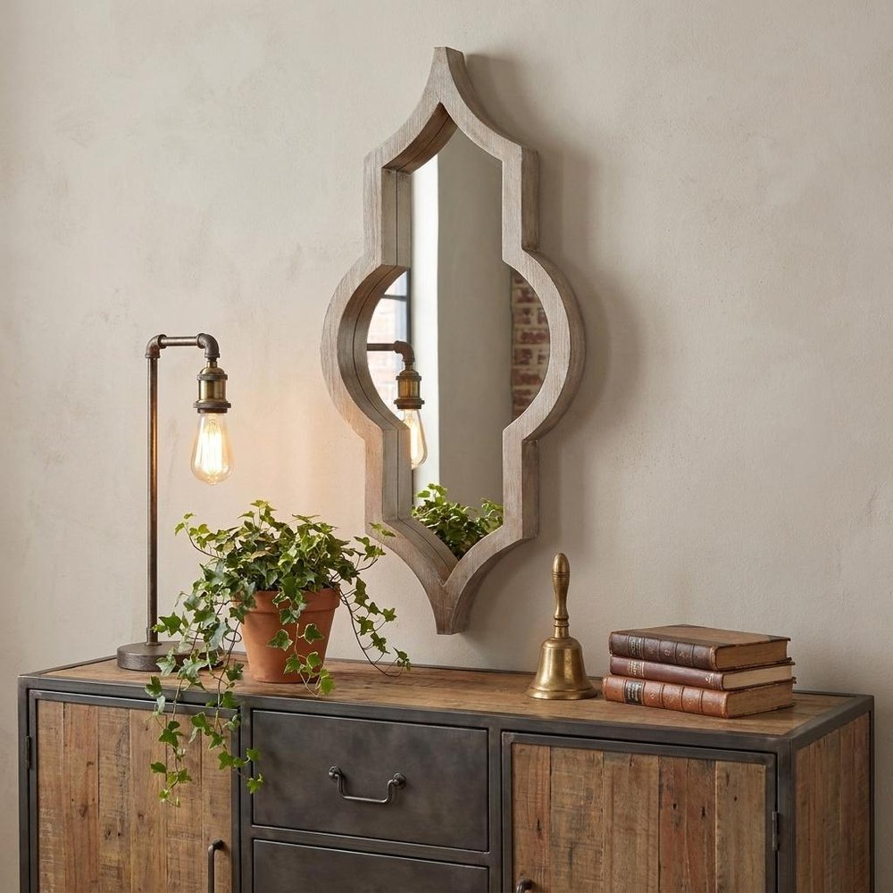 34" Light Brown Solid Wood Quatrefoil Geometric Framed Accent Mirror