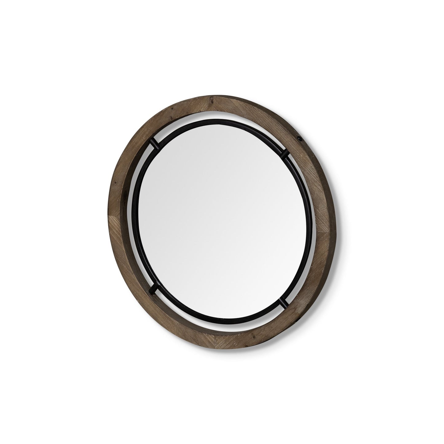 19" Black And Brown Metal And Solid Wood Round Geometric Framed Accent Mirror HomeRoots