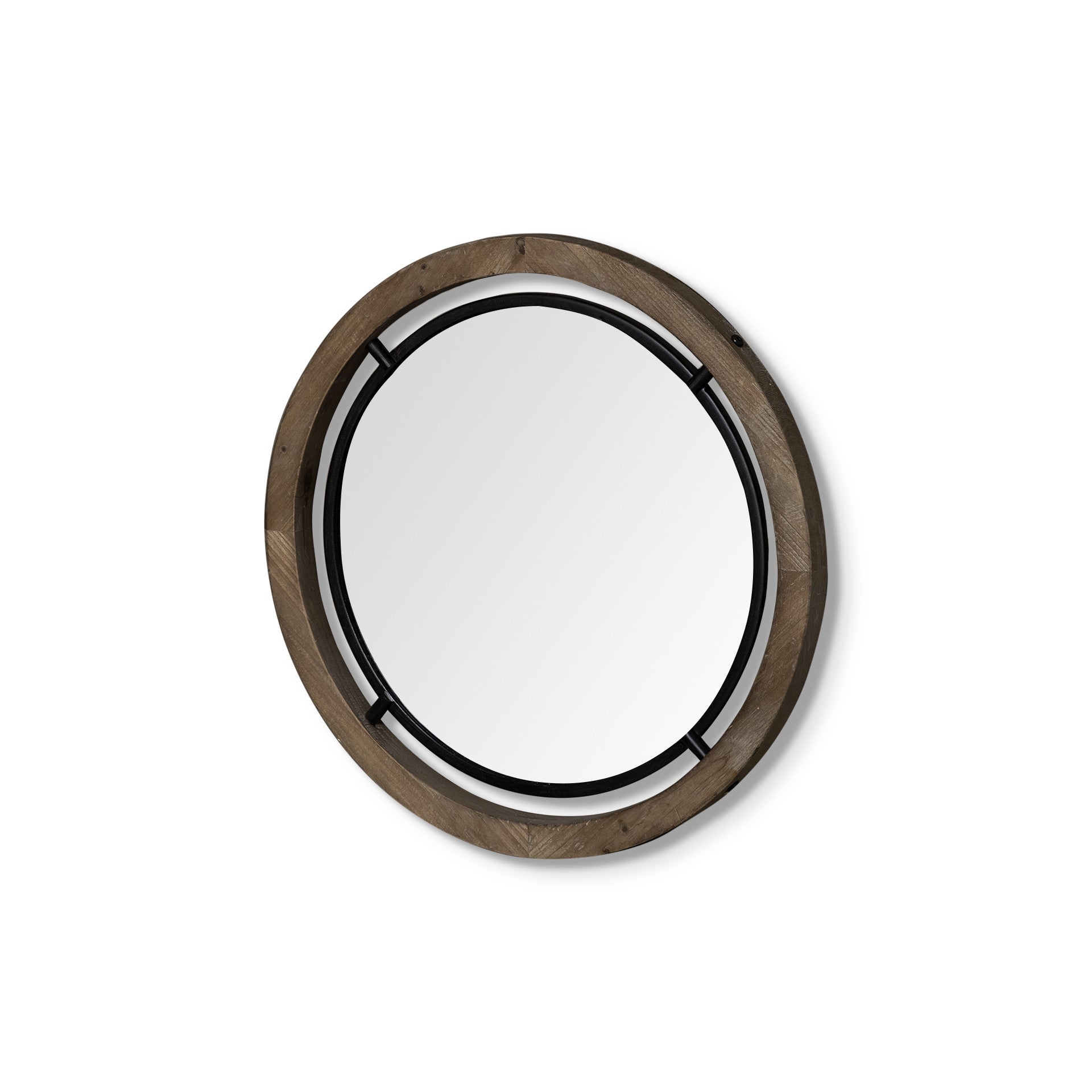 19" Black And Brown Metal And Solid Wood Round Geometric Framed Accent Mirror HomeRoots