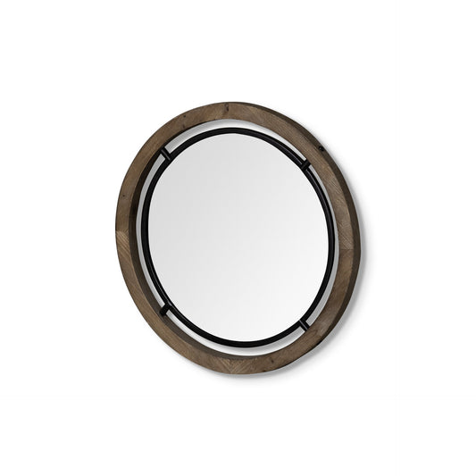 19" Black And Brown Metal And Solid Wood Round Geometric Framed Accent Mirror HomeRoots