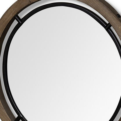 19" Black And Brown Metal And Solid Wood Round Geometric Framed Accent Mirror HomeRoots