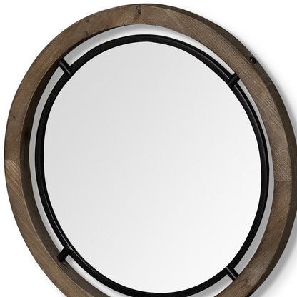 19" Black And Brown Metal And Solid Wood Round Geometric Framed Accent Mirror HomeRoots