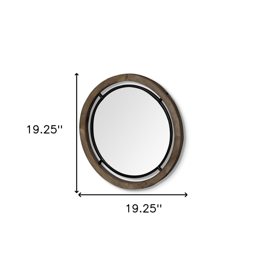 19" Black And Brown Metal And Solid Wood Round Geometric Framed Accent Mirror — view 9