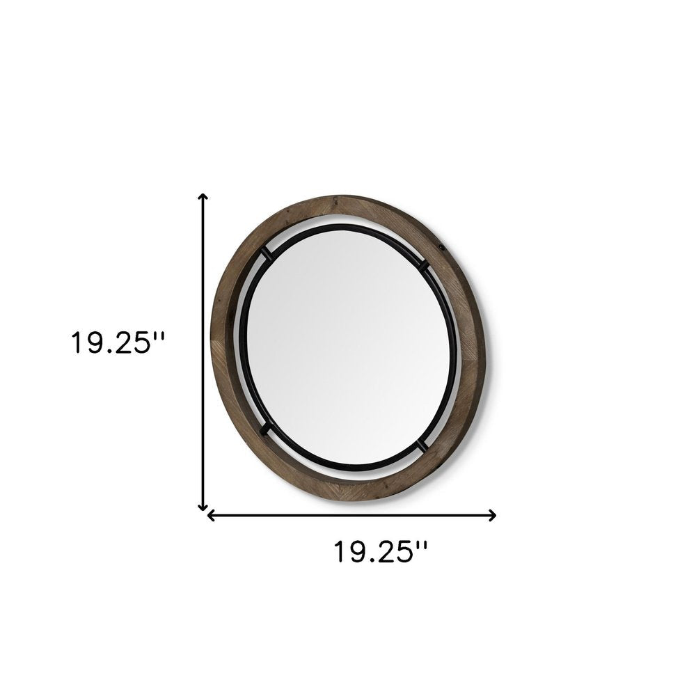 19" Black And Brown Metal And Solid Wood Round Geometric Framed Accent Mirror HomeRoots