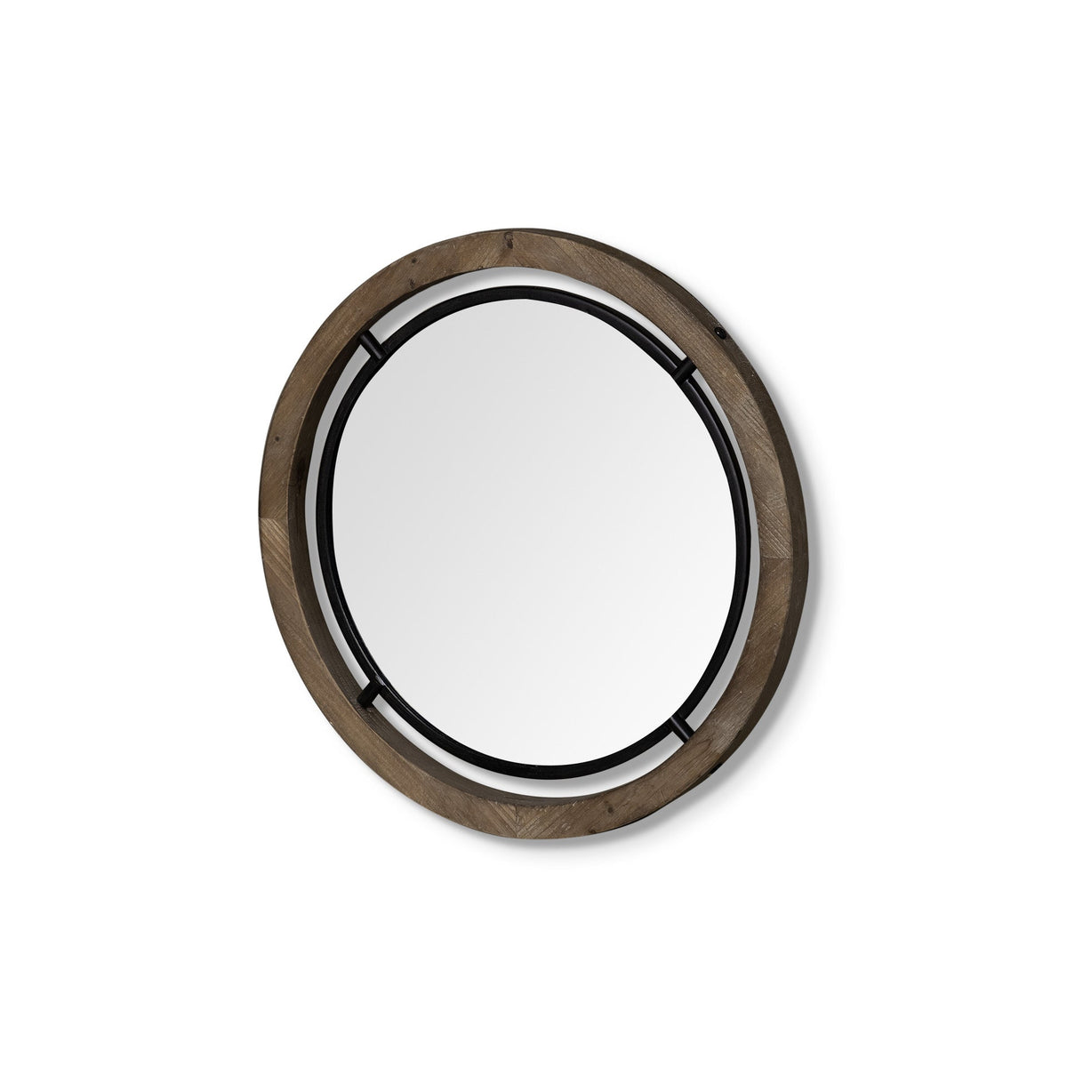 19" Black And Brown Metal And Solid Wood Round Geometric Framed Accent Mirror HomeRoots