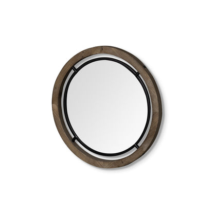 19" Black And Brown Metal And Solid Wood Round Geometric Framed Accent Mirror HomeRoots
