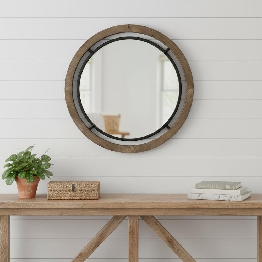 19" Black And Brown Metal And Solid Wood Round Geometric Framed Accent Mirror HomeRoots