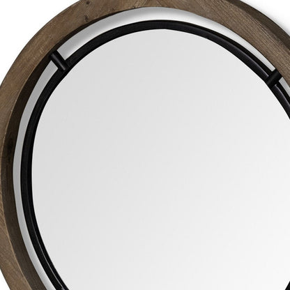 19" Black And Brown Metal And Solid Wood Round Geometric Framed Accent Mirror HomeRoots