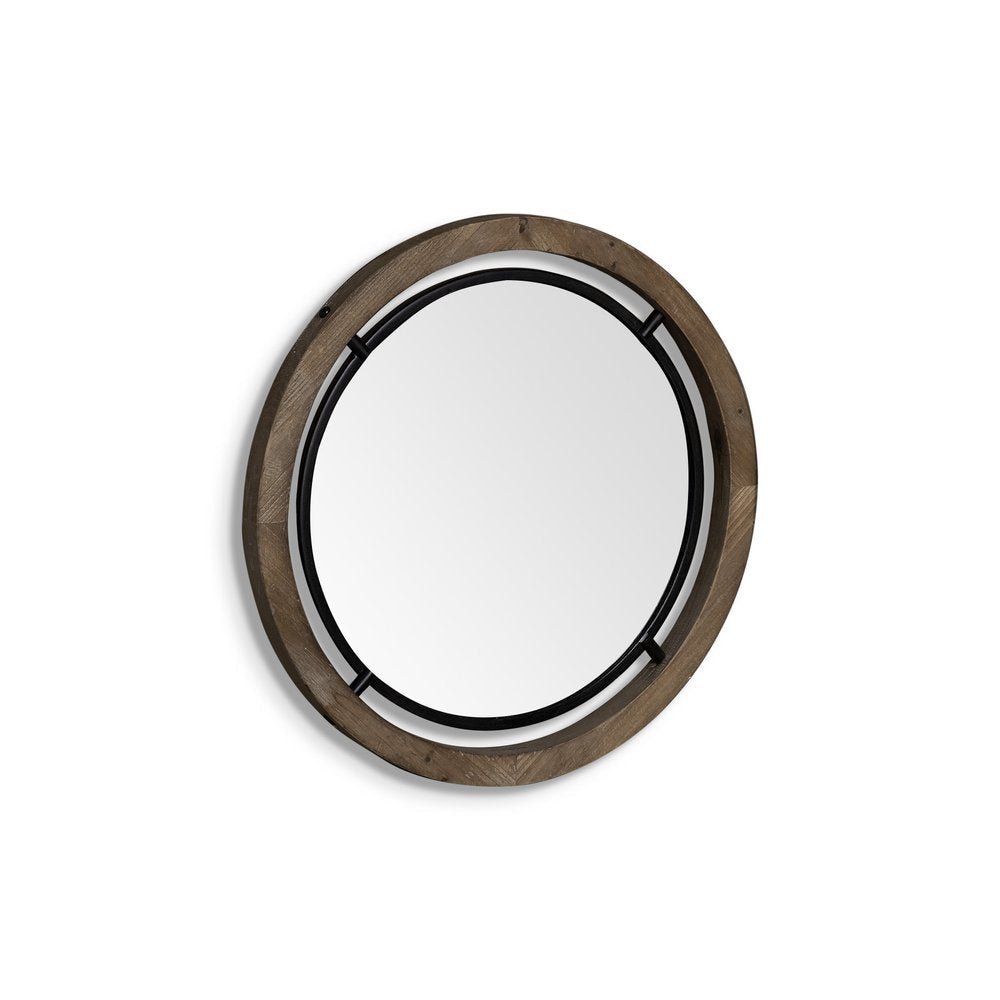 19" Black And Brown Metal And Solid Wood Round Geometric Framed Accent Mirror HomeRoots