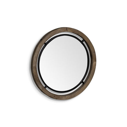 19" Black And Brown Metal And Solid Wood Round Geometric Framed Accent Mirror HomeRoots