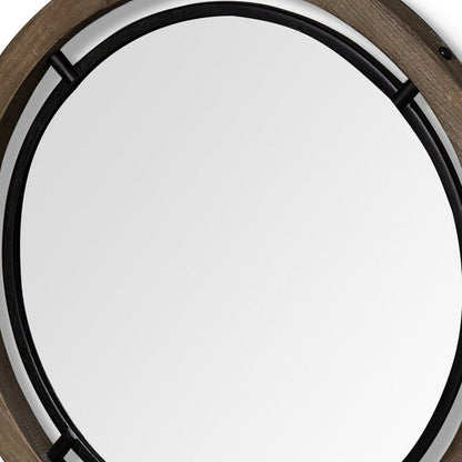 19" Black And Brown Metal And Solid Wood Round Geometric Framed Accent Mirror HomeRoots