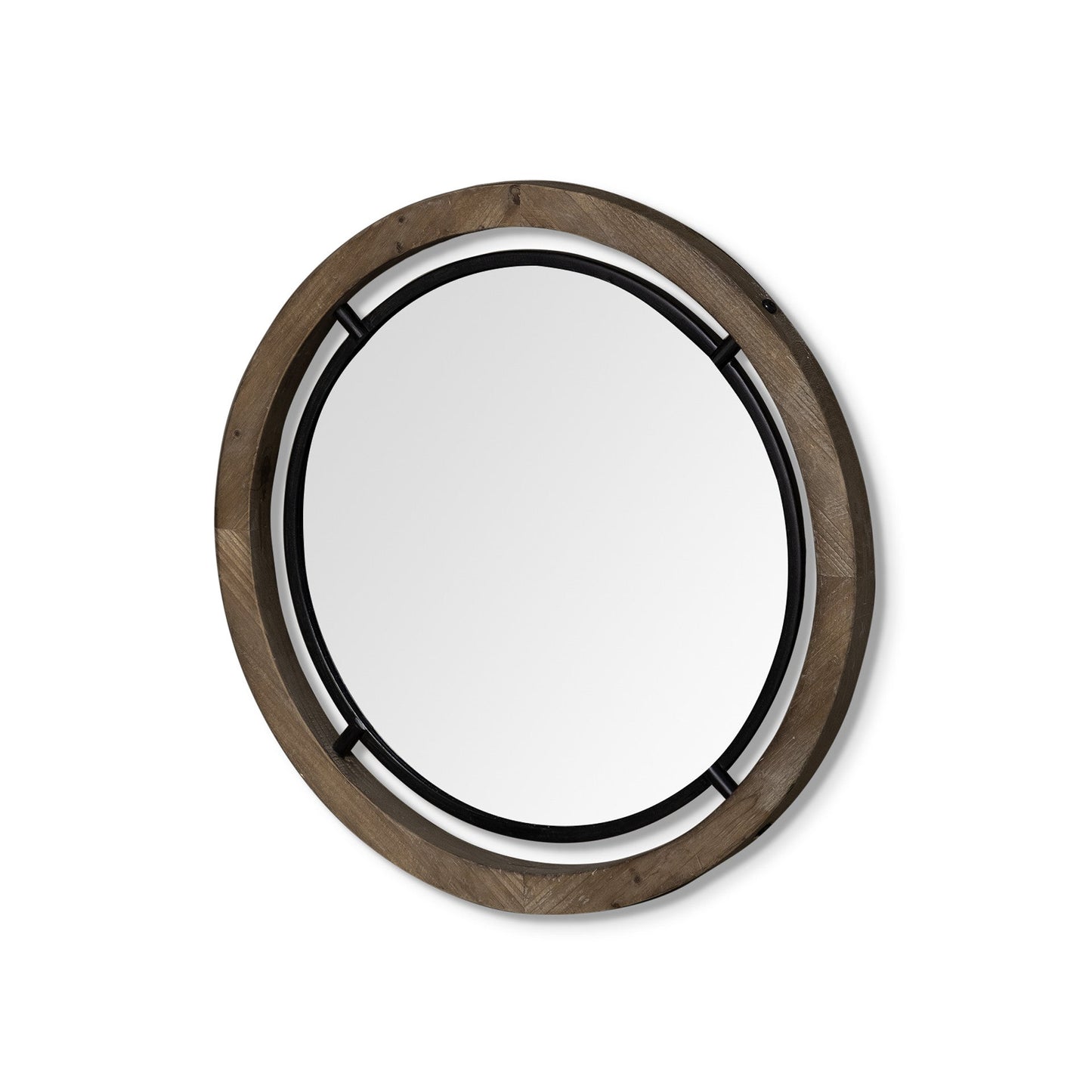 24" Brown And Black Round Metal And Wood Framed Accent Mirror HomeRoots