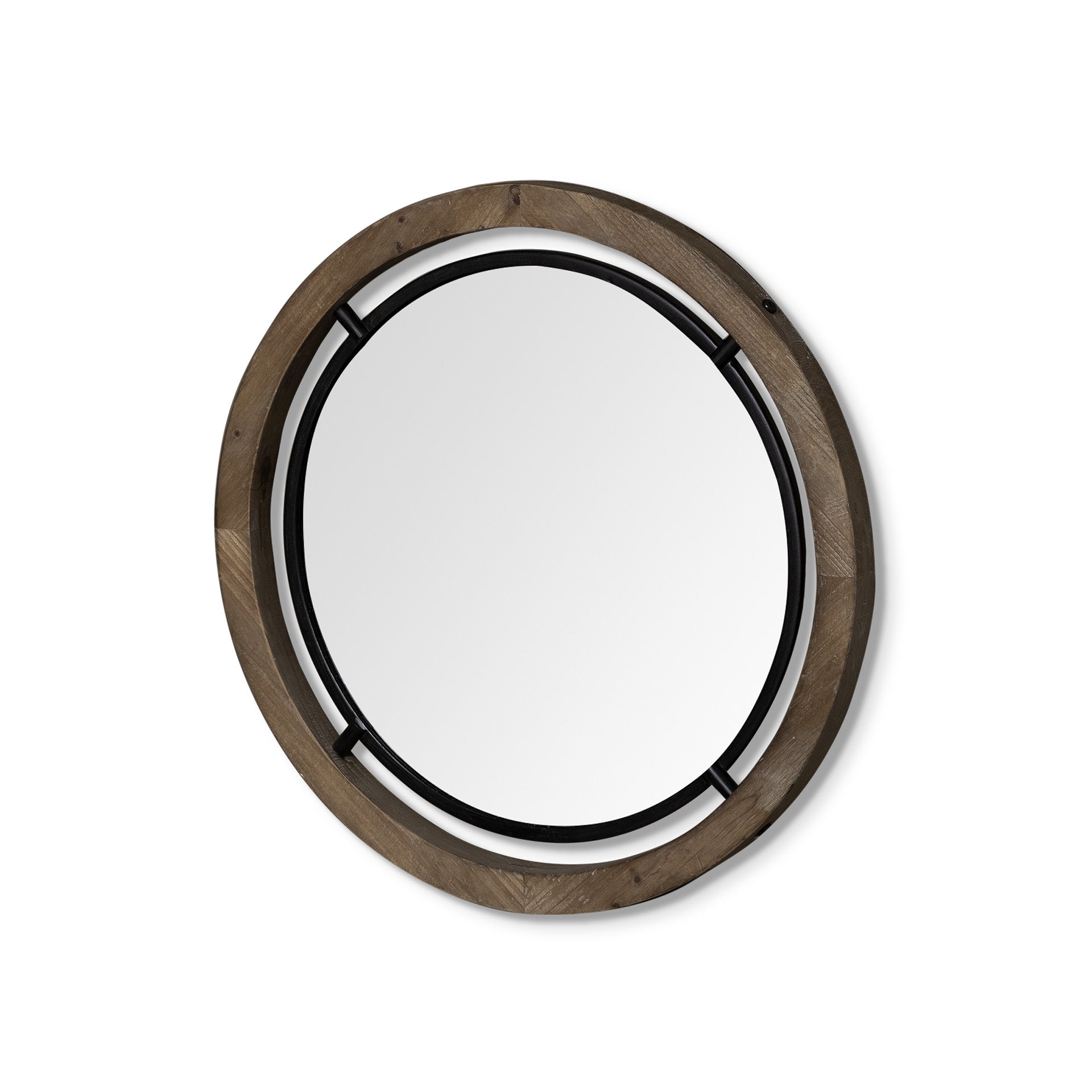 24" Brown And Black Round Metal And Wood Framed Accent Mirror HomeRoots