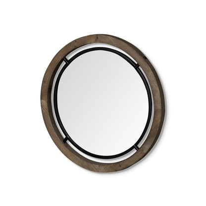 24" Brown And Black Round Metal And Wood Framed Accent Mirror HomeRoots